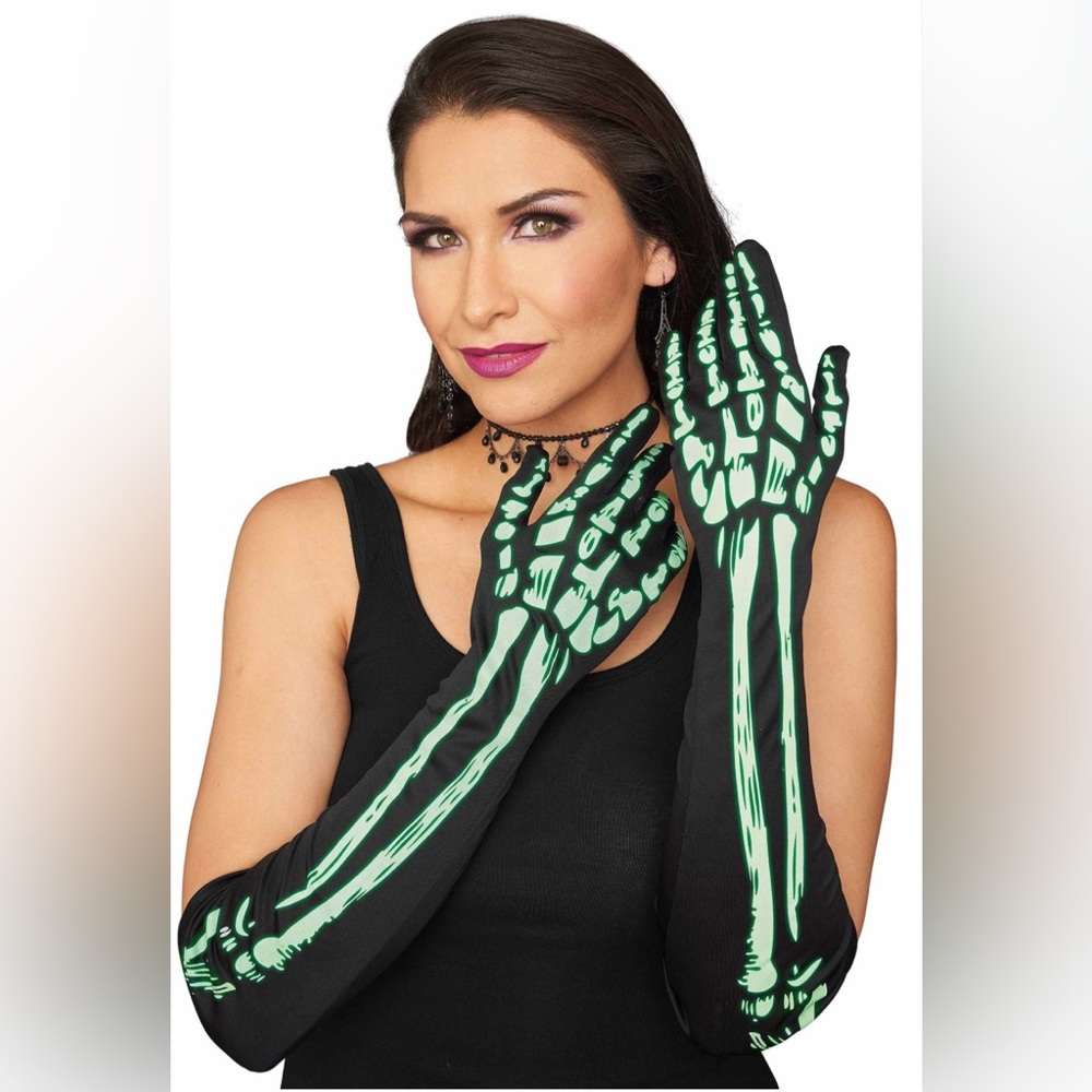 NWT [Seasons] Glow in the Dark Elbow Length Black Skeleton Gloves, Adult OS